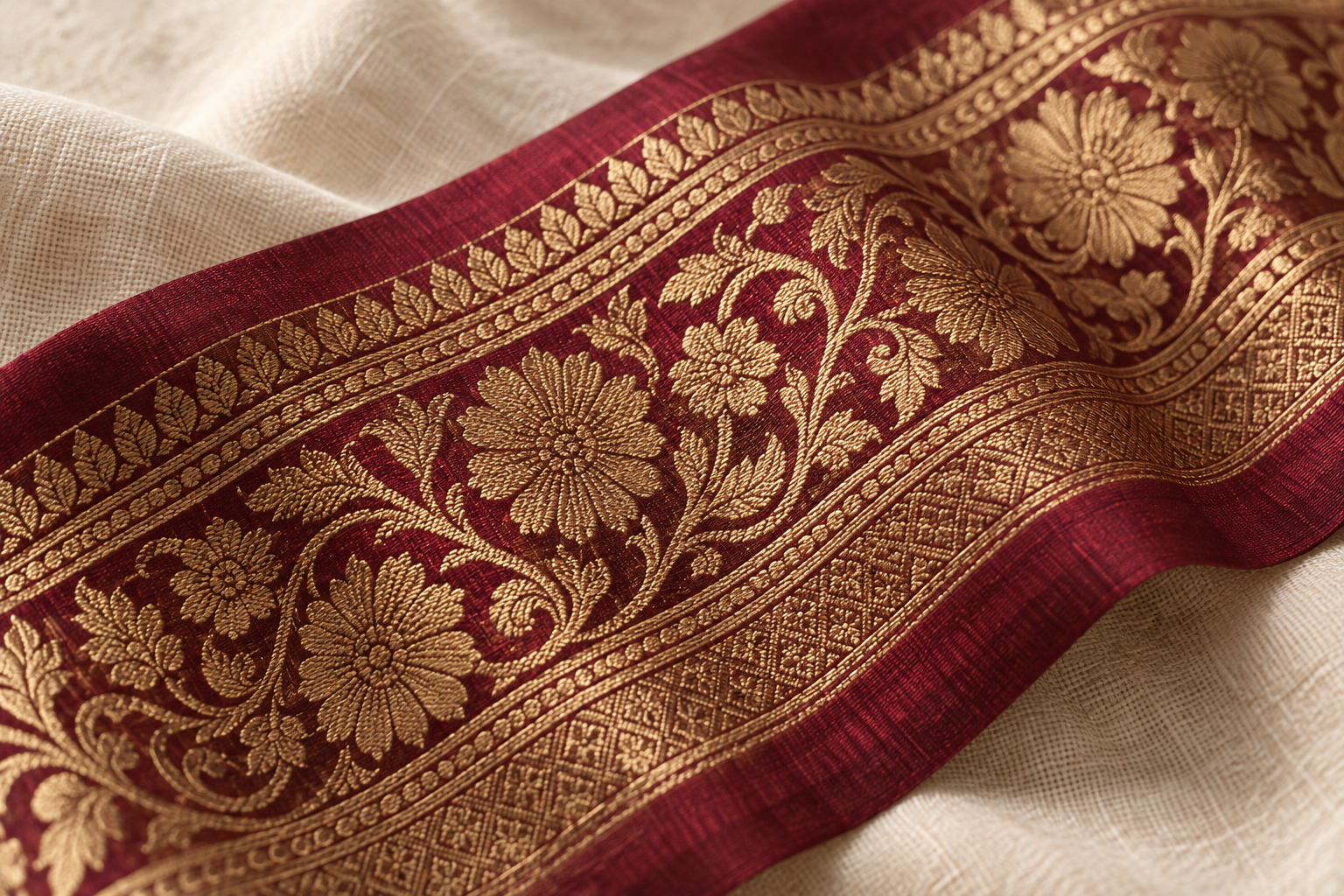 Close-up inspiration of burgundy silk and an antique-gold woven border