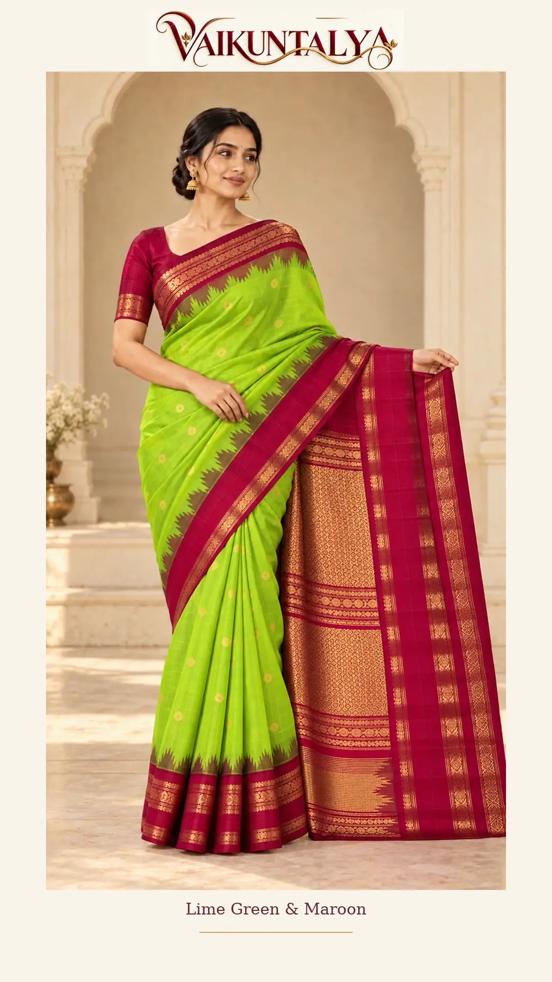 Lime-green saree with a maroon and gold border