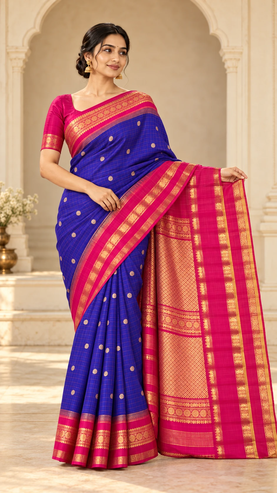 Royal-blue saree with a rich pink and gold border, styled in a heritage courtyard