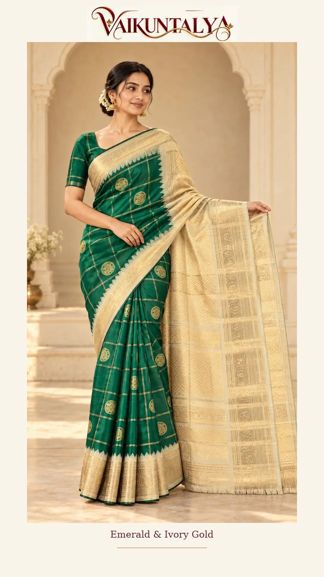 Ivory saree with a wine-coloured border and gold detailing