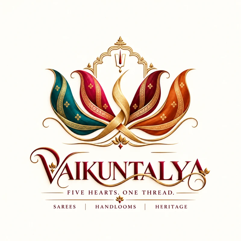 Full Vaikuntalya logo with five coloured saree ribbons and the words Five hearts. One thread. Sarees, Handlooms, Heritage.